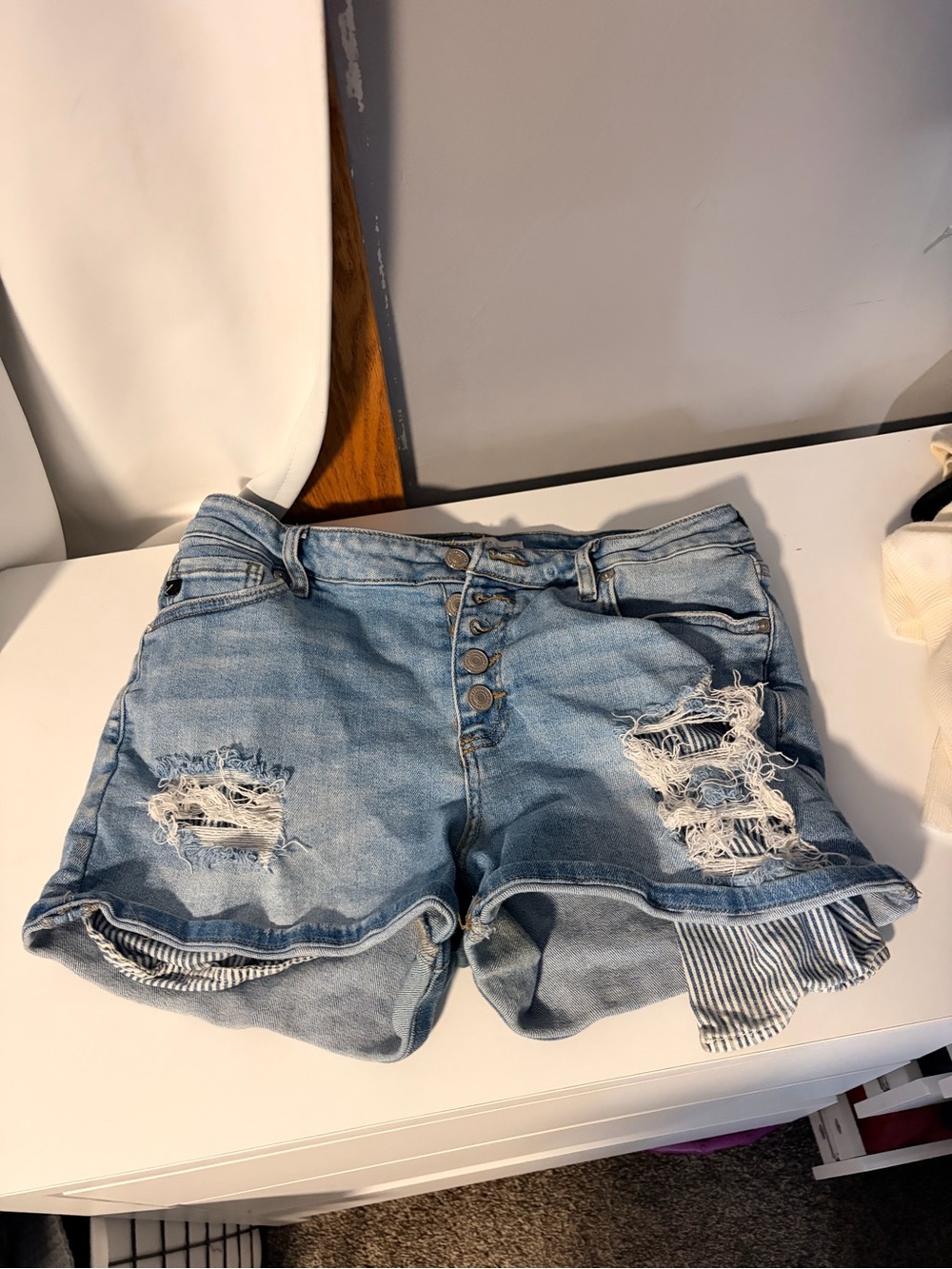 KanCan Light Wash Distressed Button-Fly Denim Shorts with Striped Cuff